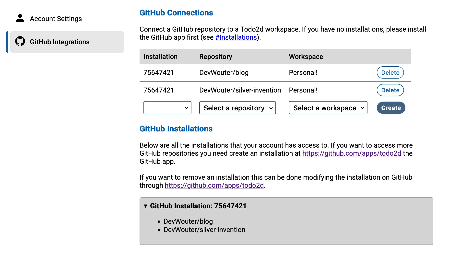 Screenshot of GitHub Integration dialog