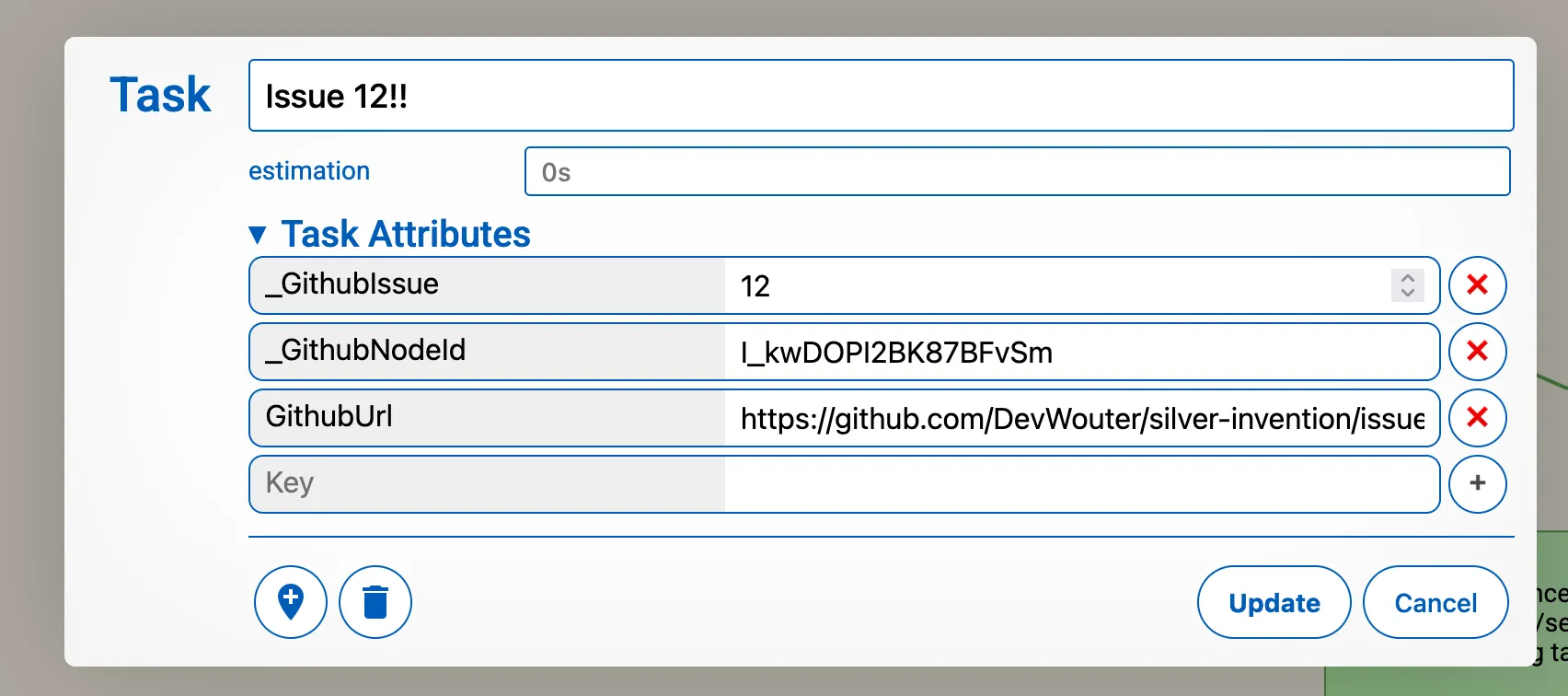 Screenshot of a task displaying attributes for GitHub